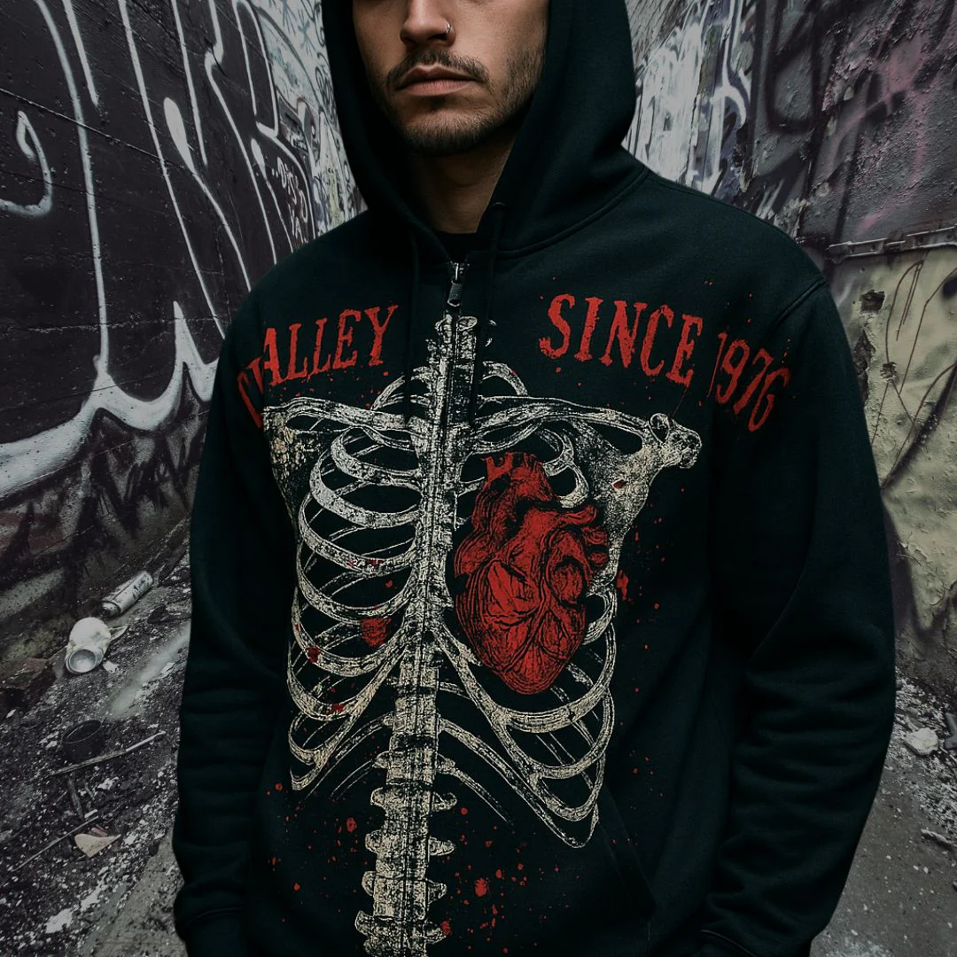 Monster Print Rib and Heart Zip Up Hoodie - Image 3