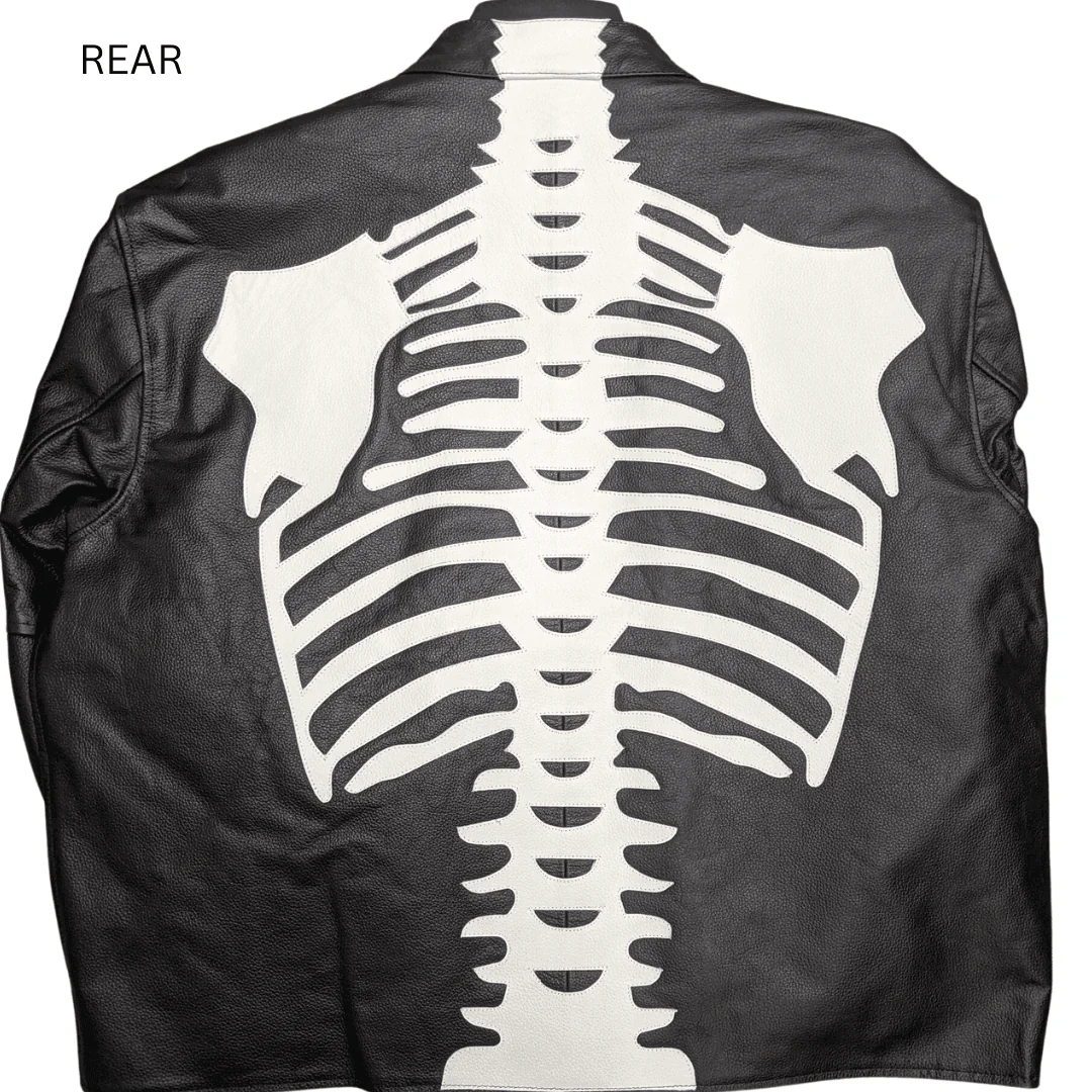 Skeleton Bones White on Black Leather Jacket - Image 3