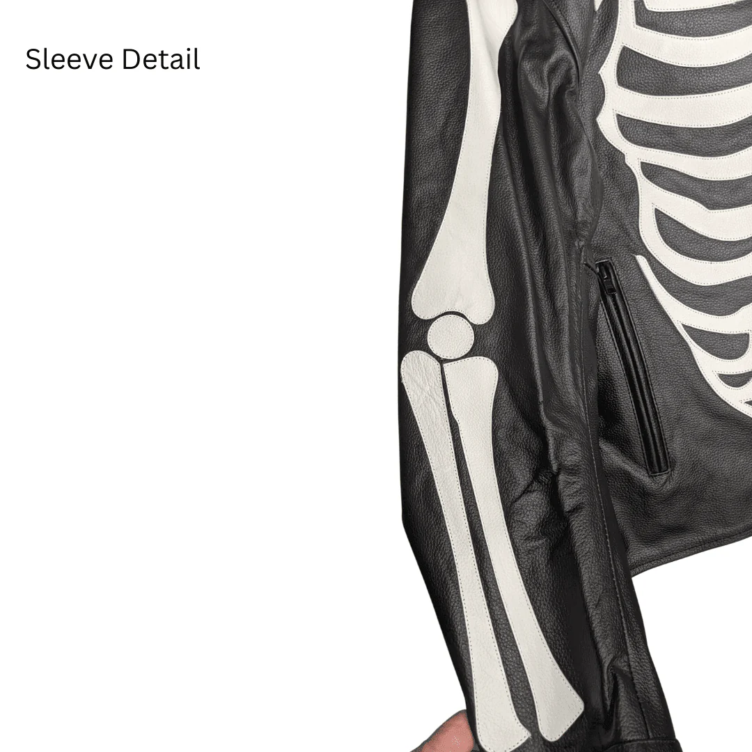 Skeleton Bones White on Black Leather Jacket - Image 4